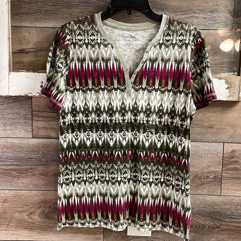 Coral Bay Button Vneck Top, Size Small, Black and Gray Abstract Tshirt Style